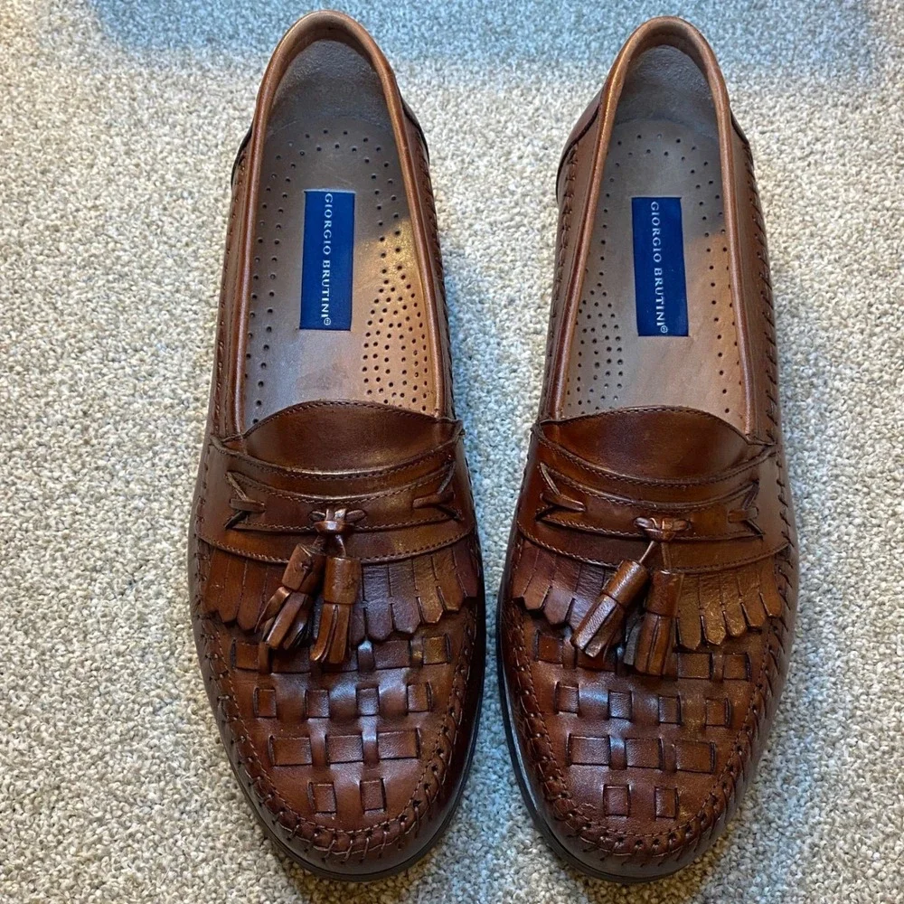 Giorgio Brutini Mens Leather‎ Tassel Loafer Shoes Brown Woven Size 10